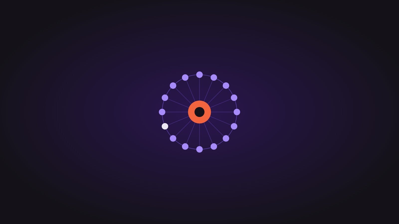 A central ring linked to 16 dots arranged in a circle, on a dark purple background