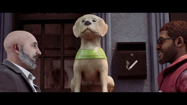 The dog statue brings both men together over bottled drinks at an outdoor table.