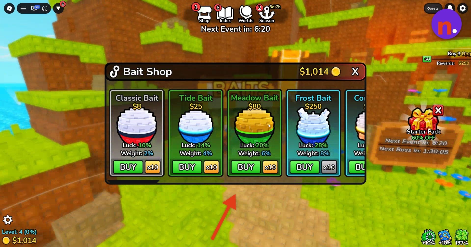 Bait Shop prices, bonuses, and purchase controls