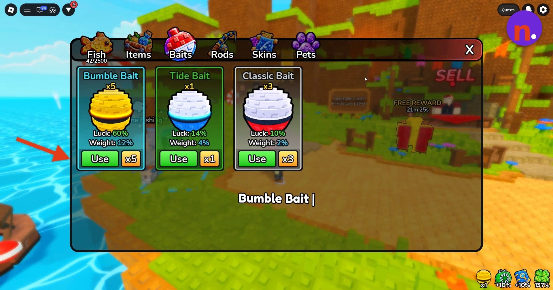 The Use button beside Bumble Bait
