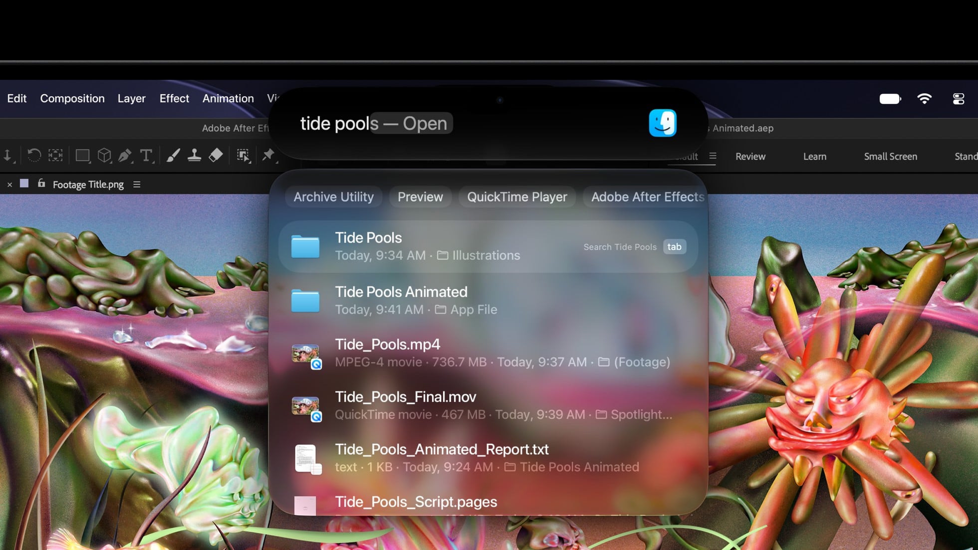 The Dynamic Island on a user’s MacBook Pro with PROLED XDR Display shows the Spotlight experience
