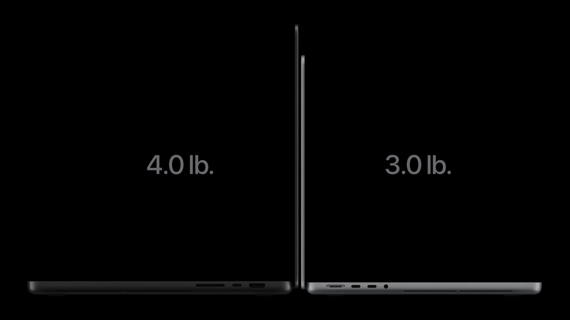 Two MacBook Pro with PROLED XDR Display devices are shown back to back from the side with the screen open