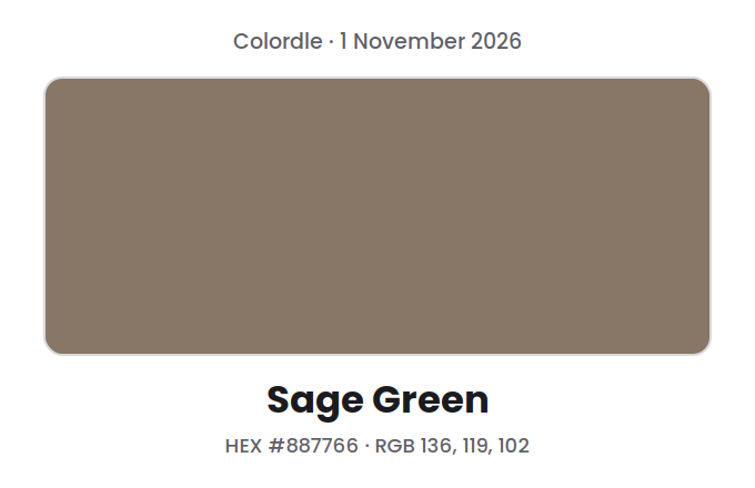 Block of the Colordle answer color for 1 November 2026, Sage Green, with hex code #887766