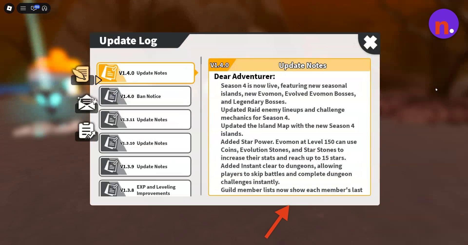 The V1.4.0 Update Notes entry