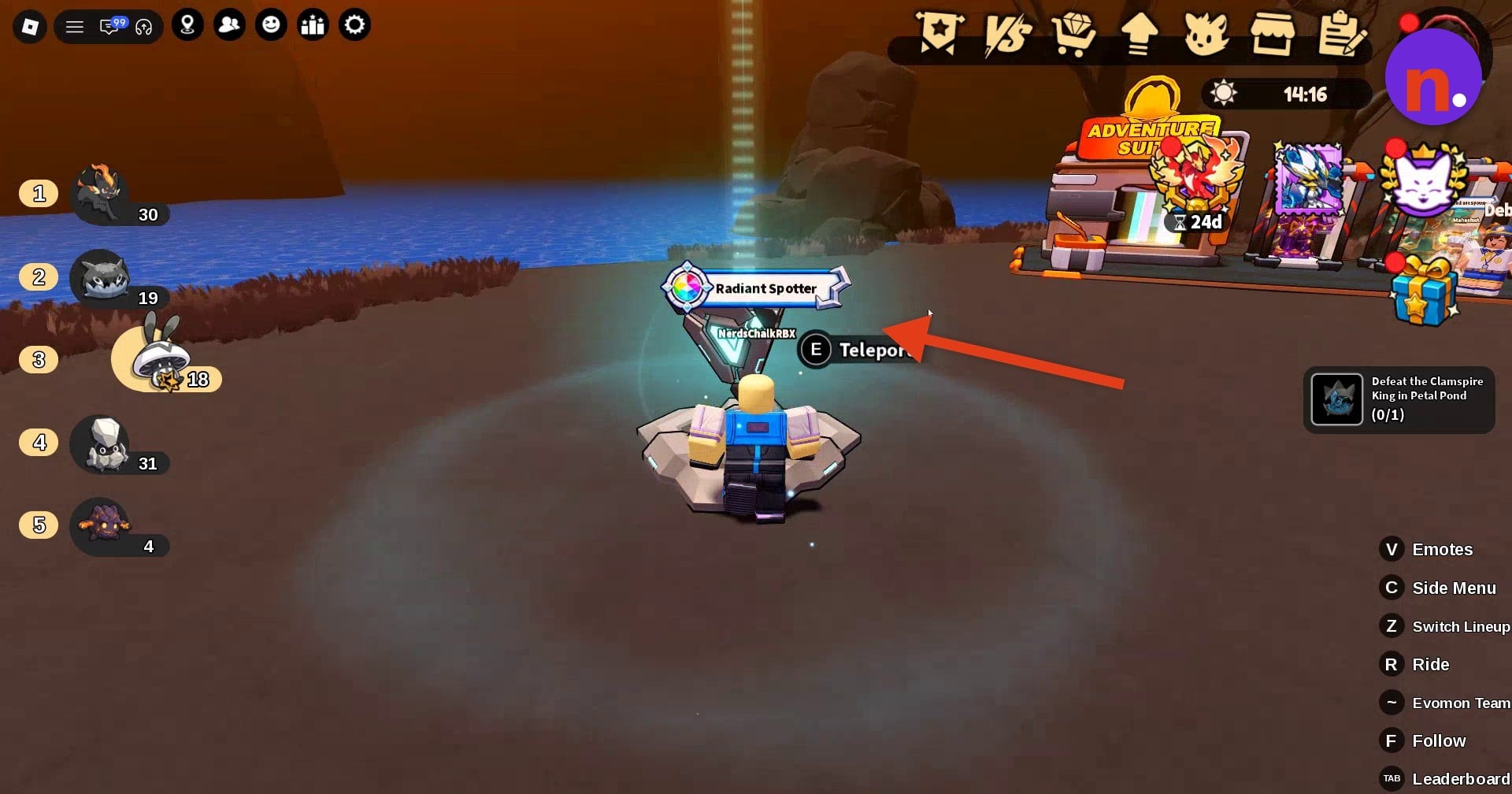 The teleport pillar and its interaction prompt