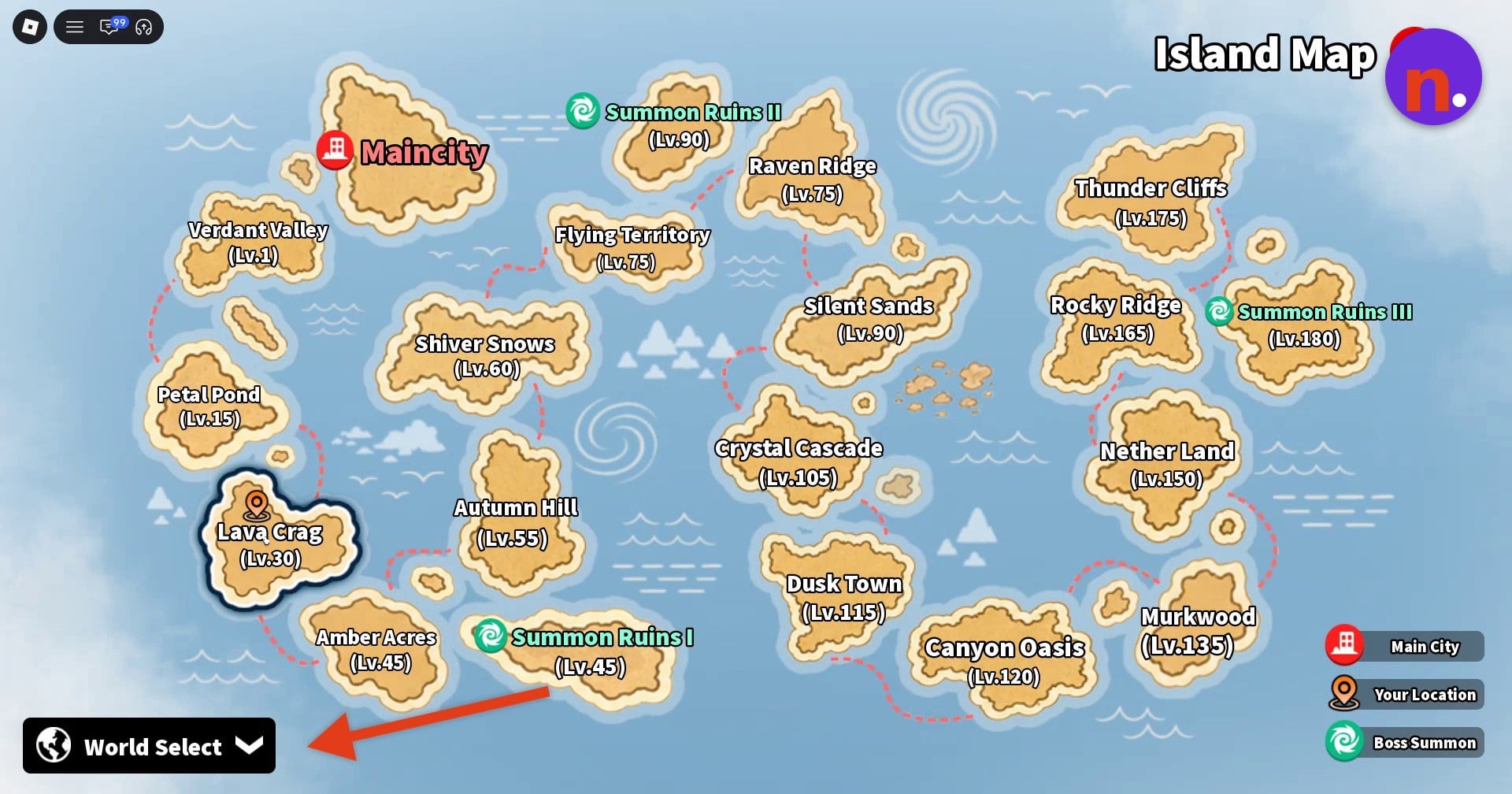 World Select at the bottom left of the Island Map