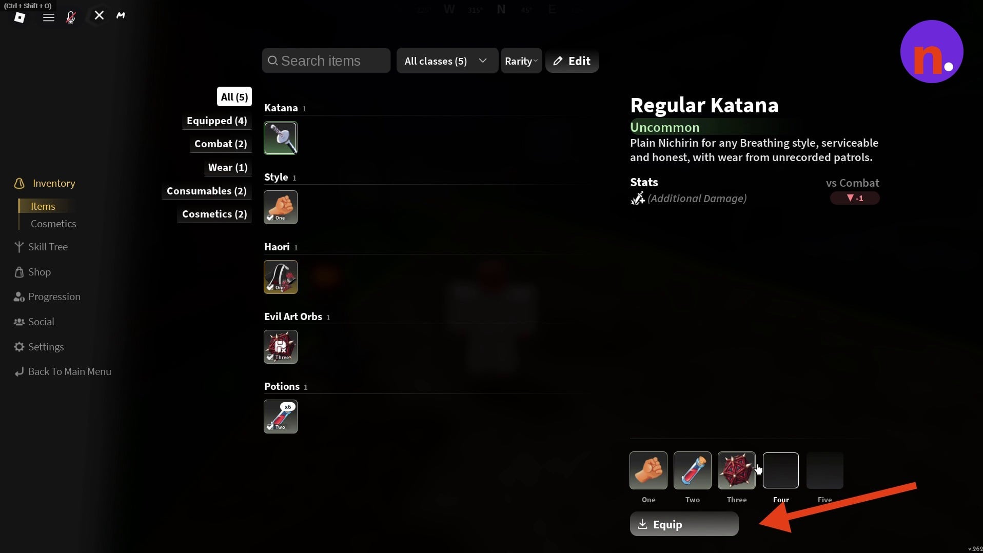 Select the Regular Katana in Items to equip it