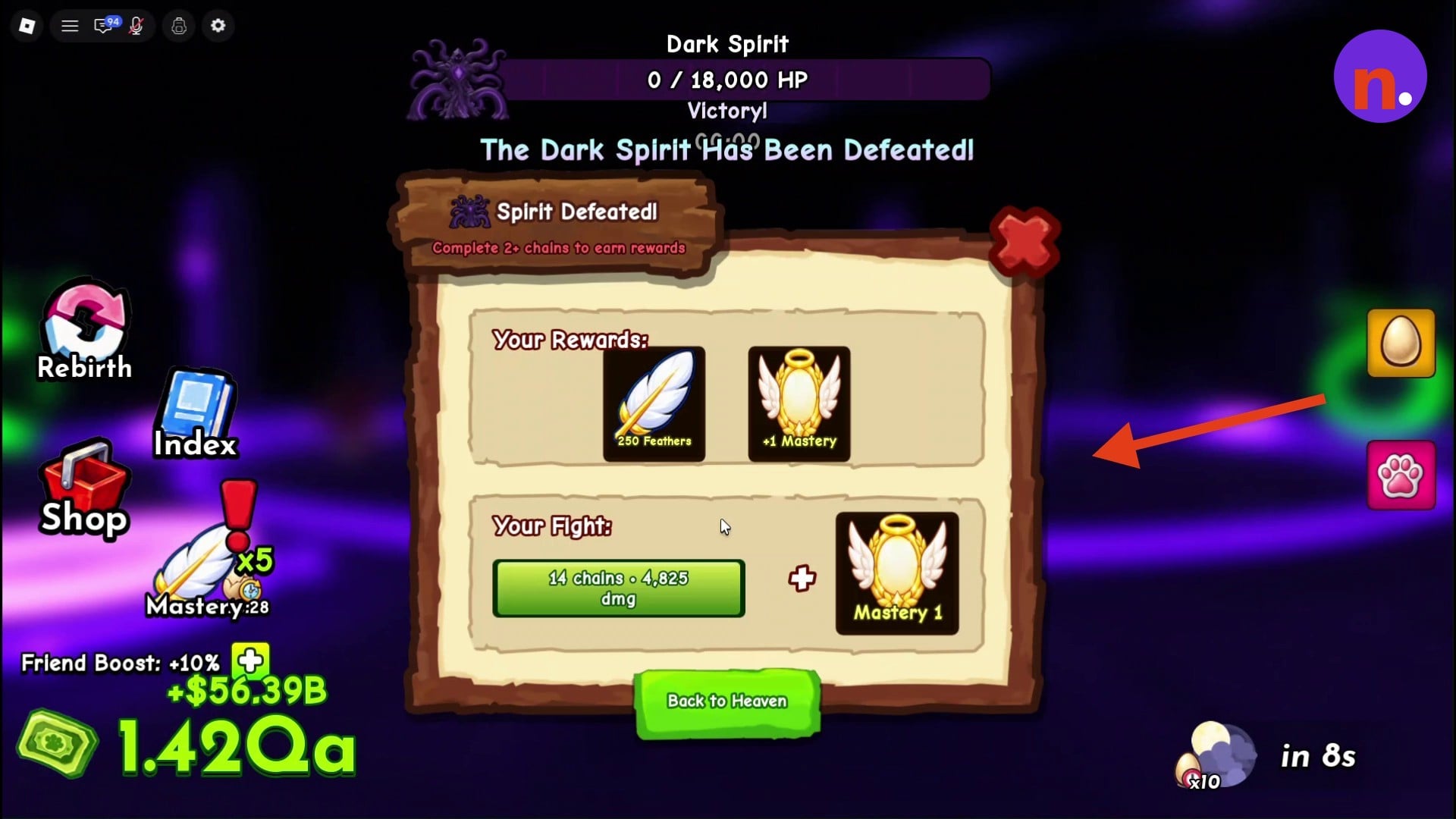 The Dark Spirit victory and rewards screen