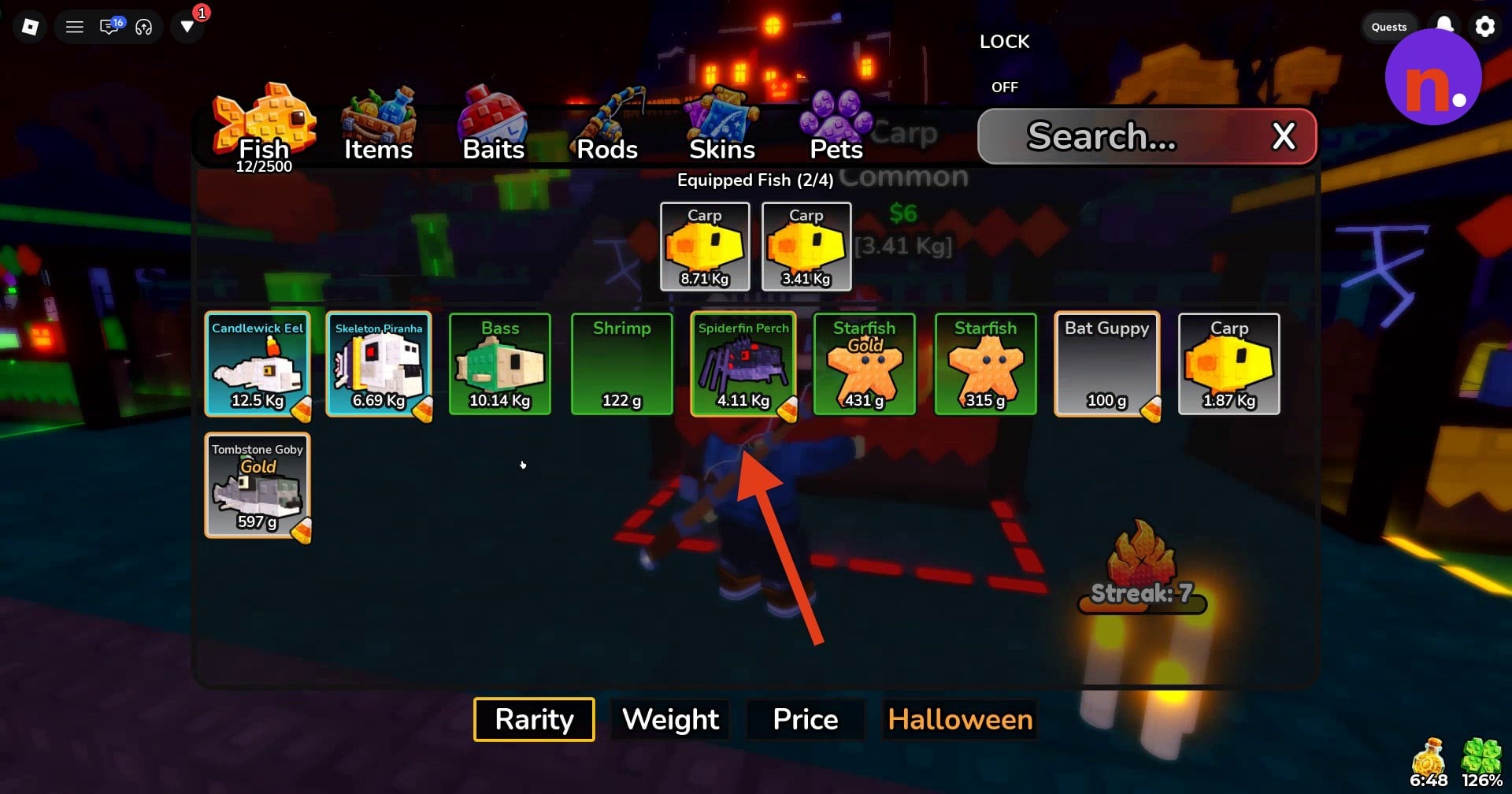 Select Spiderfin Perch in the Fish inventory