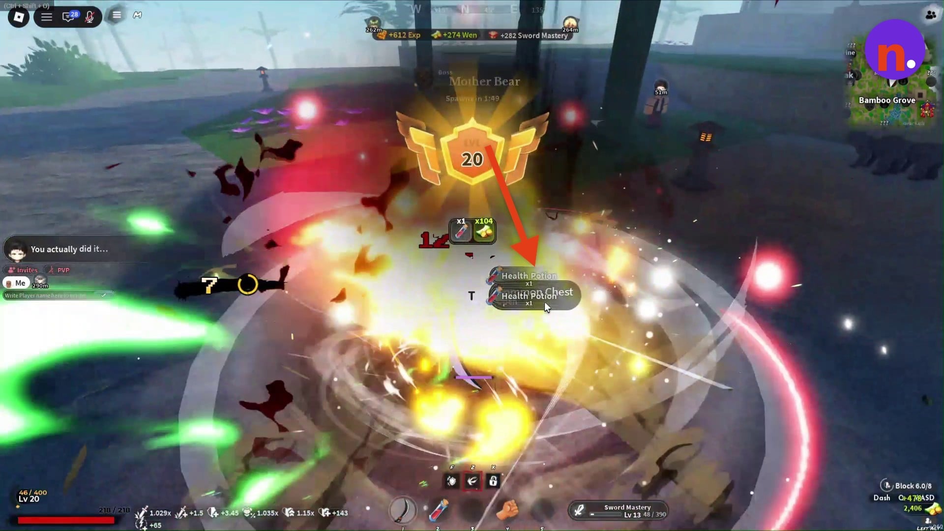 Mother Bear's post-fight rewards and spawn countdown