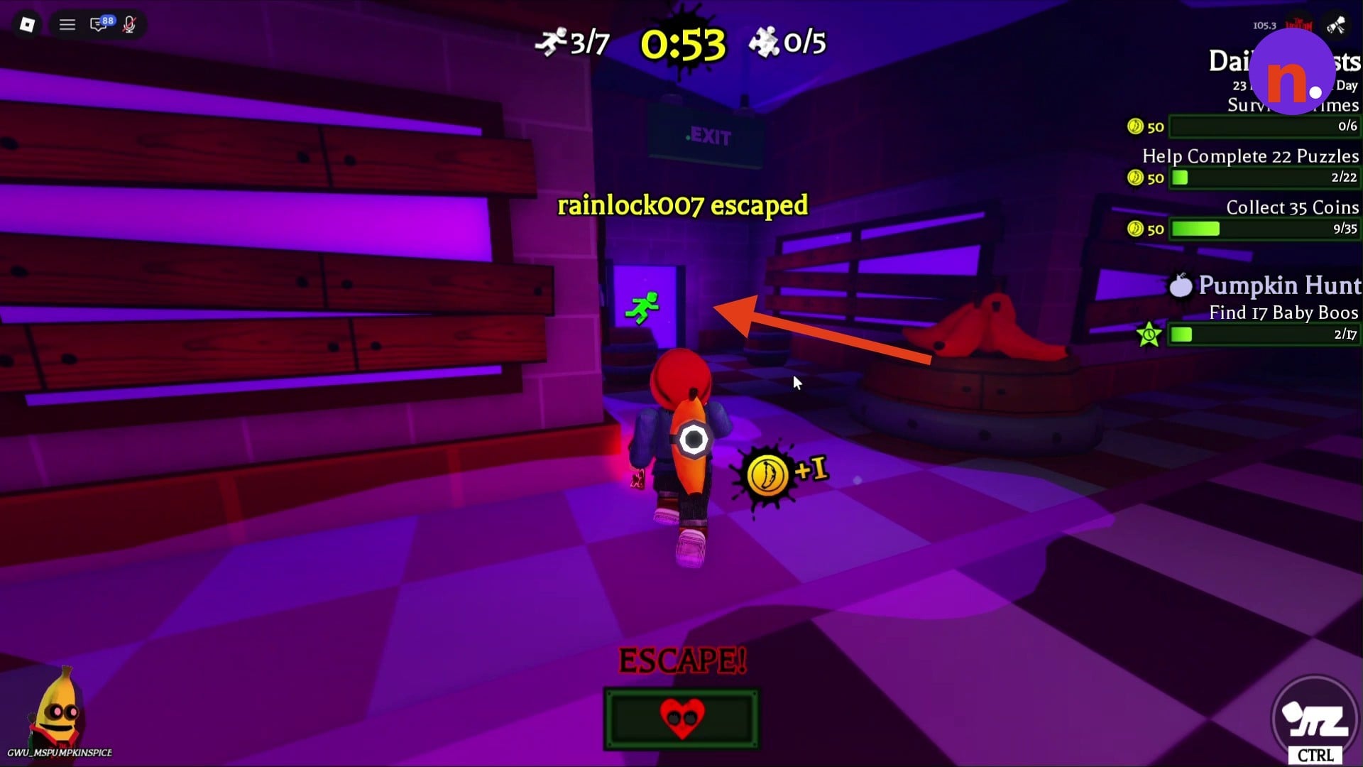Escape through the open purple EXIT doorway