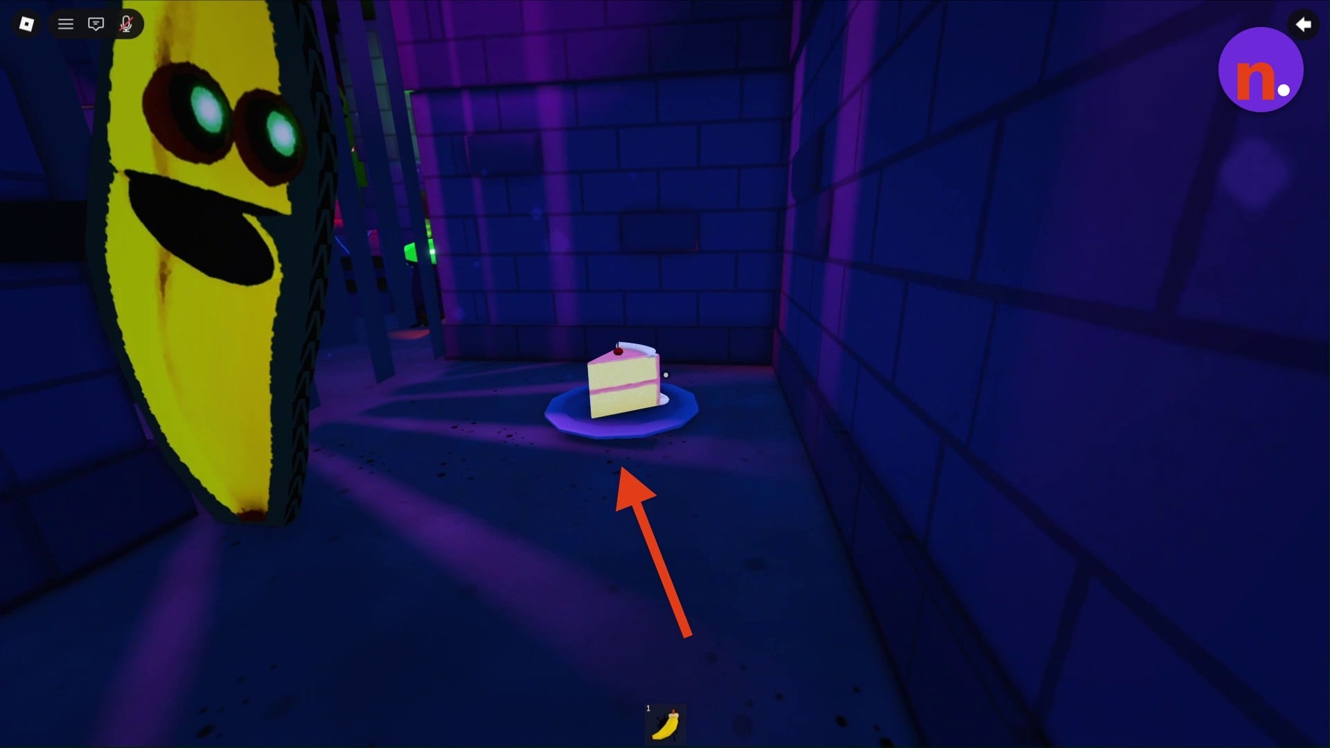 A cake slice on a plate in the basement maze