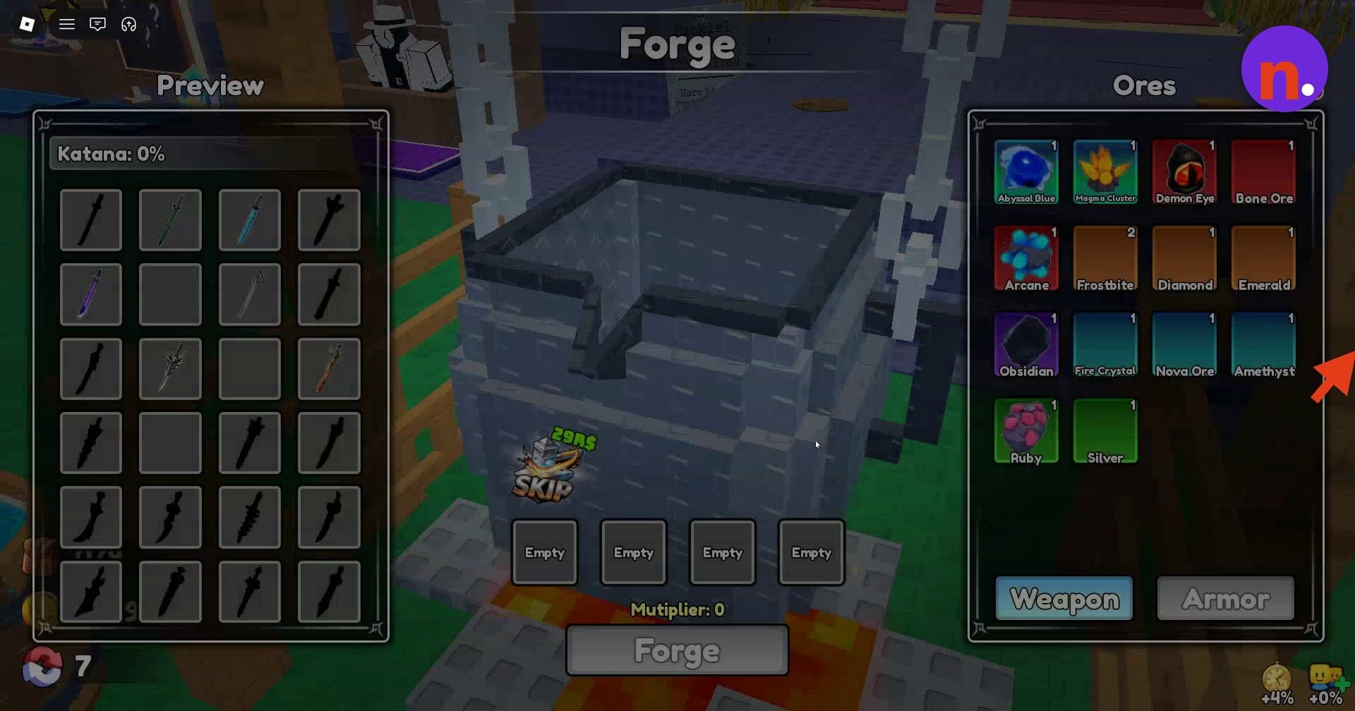 The Weapon option, inventory ores, and empty crafting slots