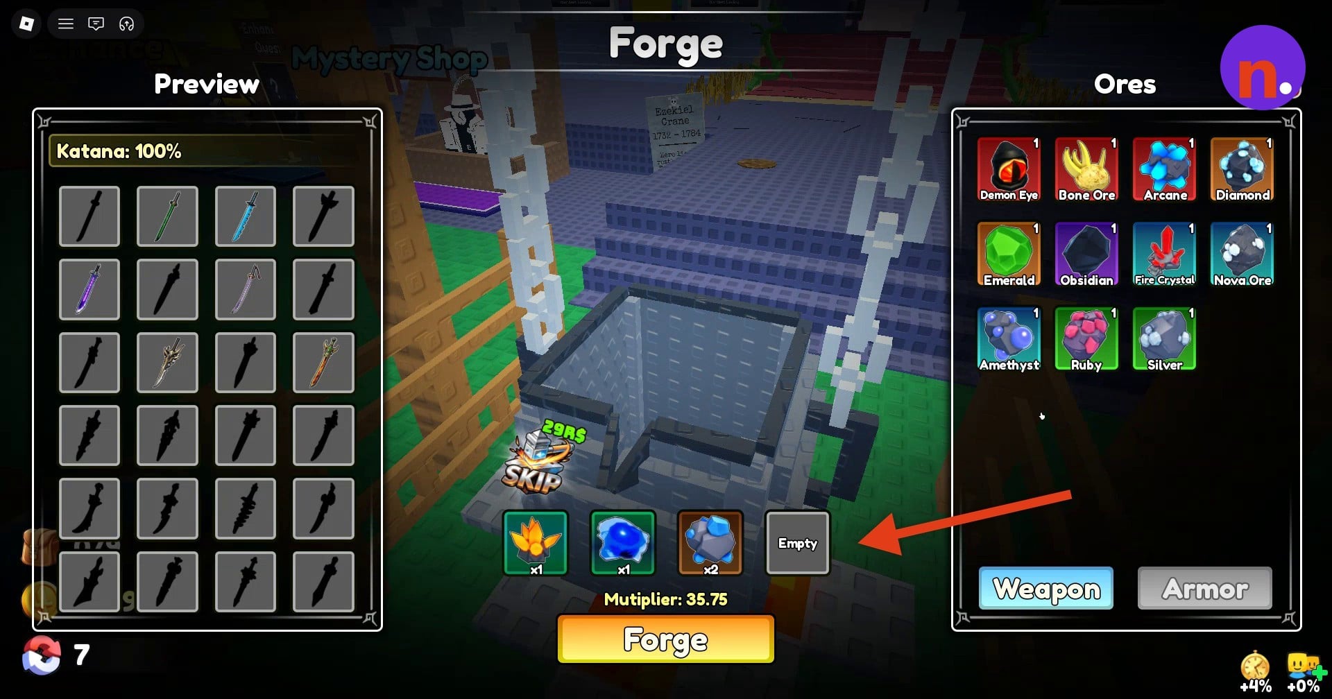 The recipe loaded as x1, x1, and x2 ore selections
