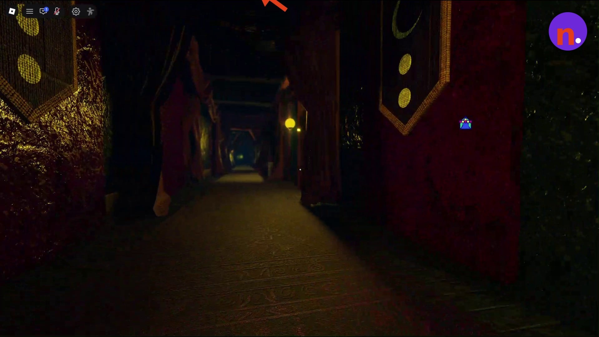 Follow the curtained hallway toward the puzzle chamber
