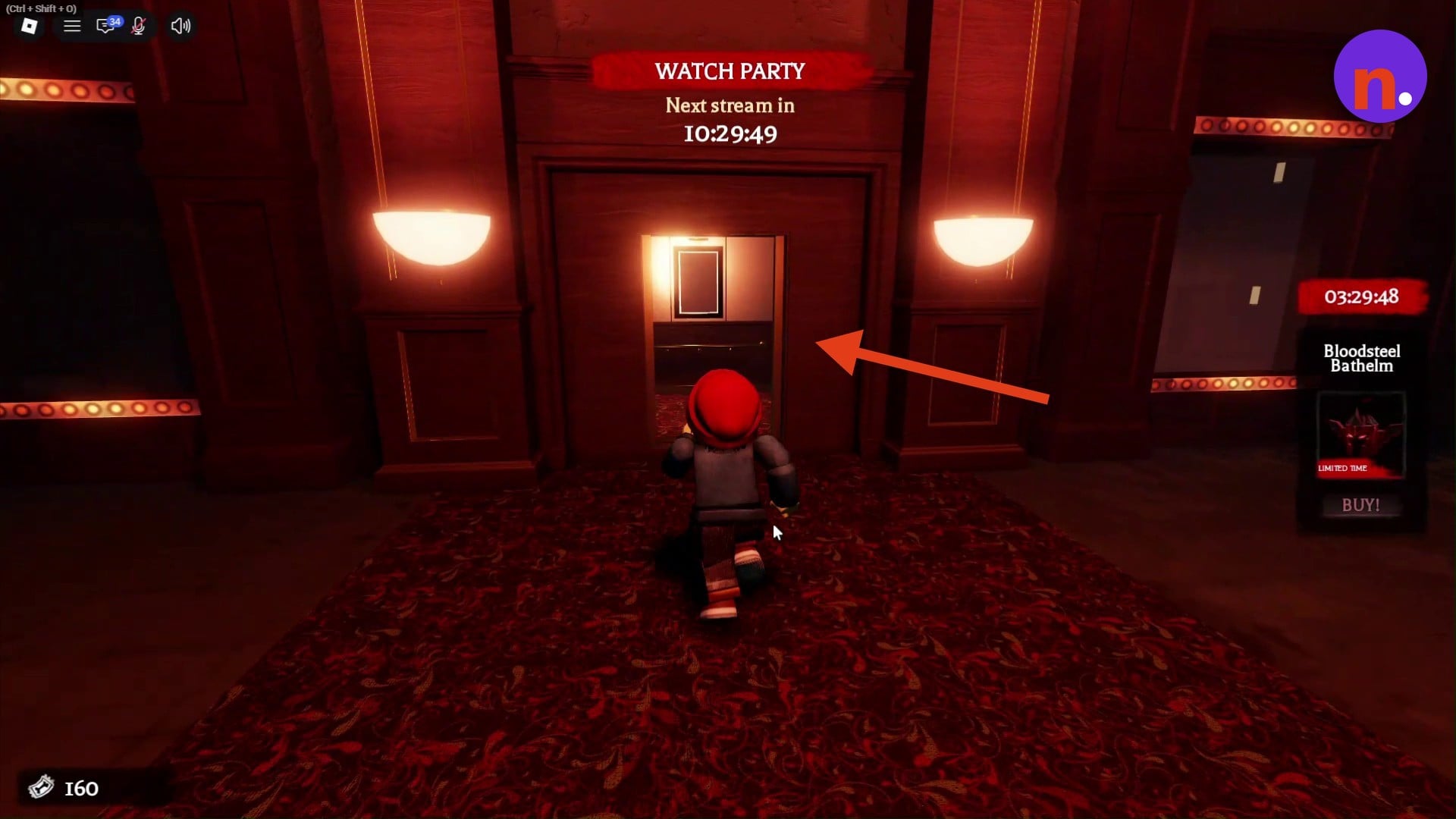Follow the theater hallway to the open elevator