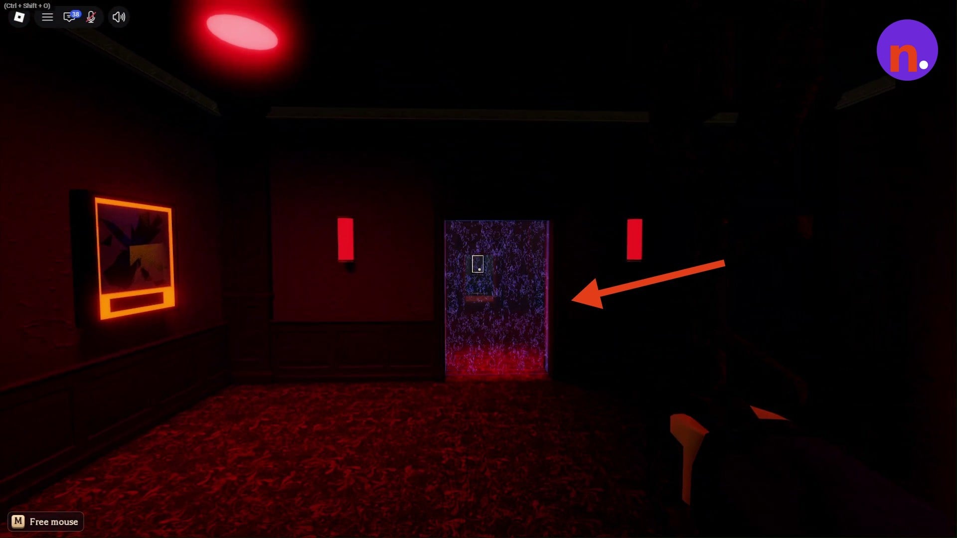Enter the purple exit portal in the elevator doorway