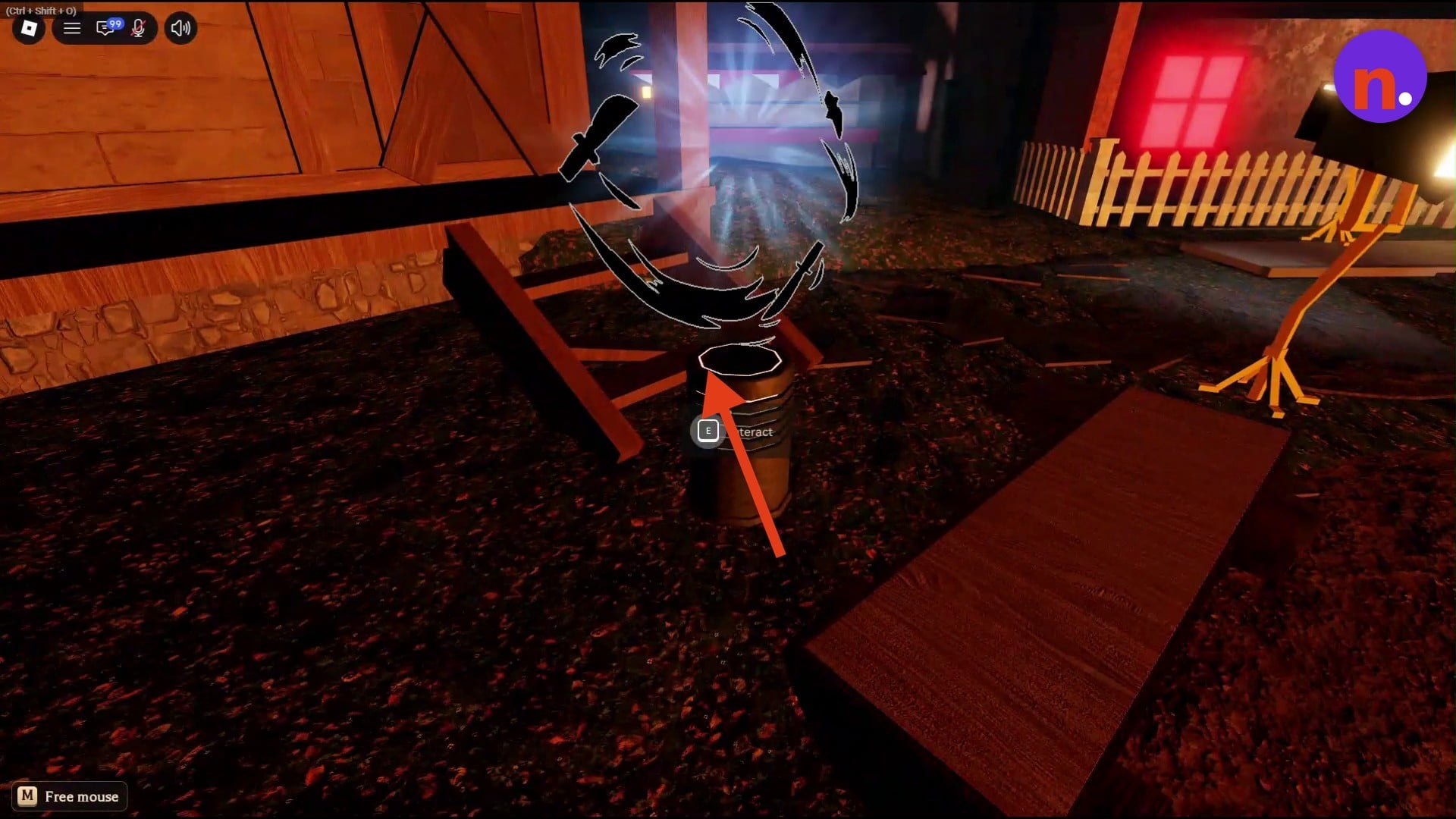 Find the glowing PORTAL GUIDE barrel beside the wooden fence.