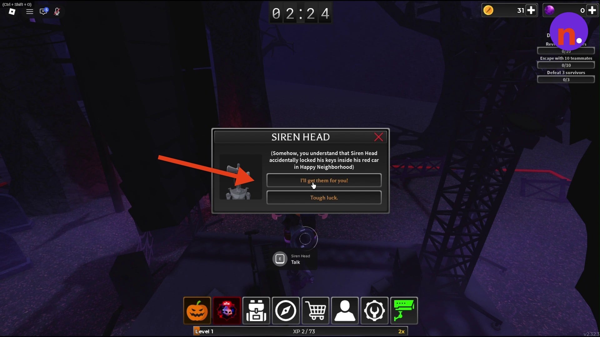 Accept Siren Head's request to recover his car keys.