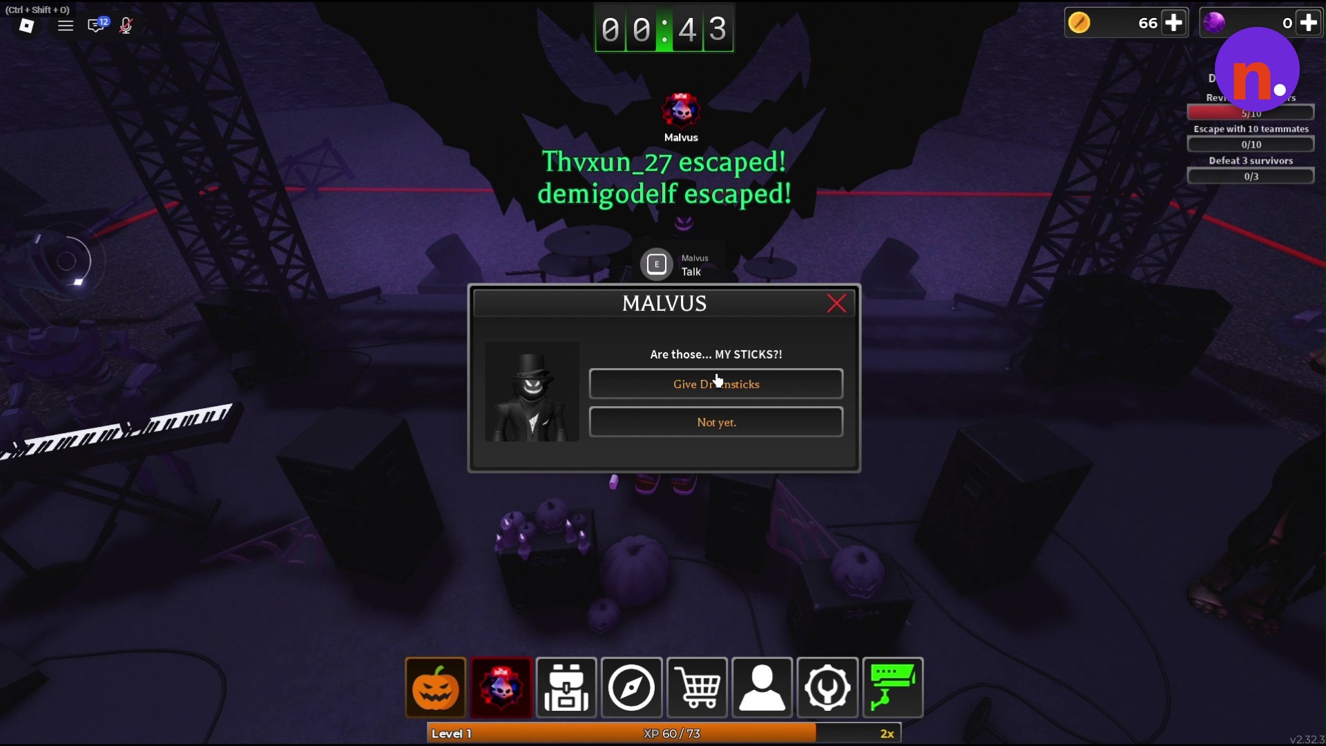 Select Give Drumsticks when speaking with Malvus.