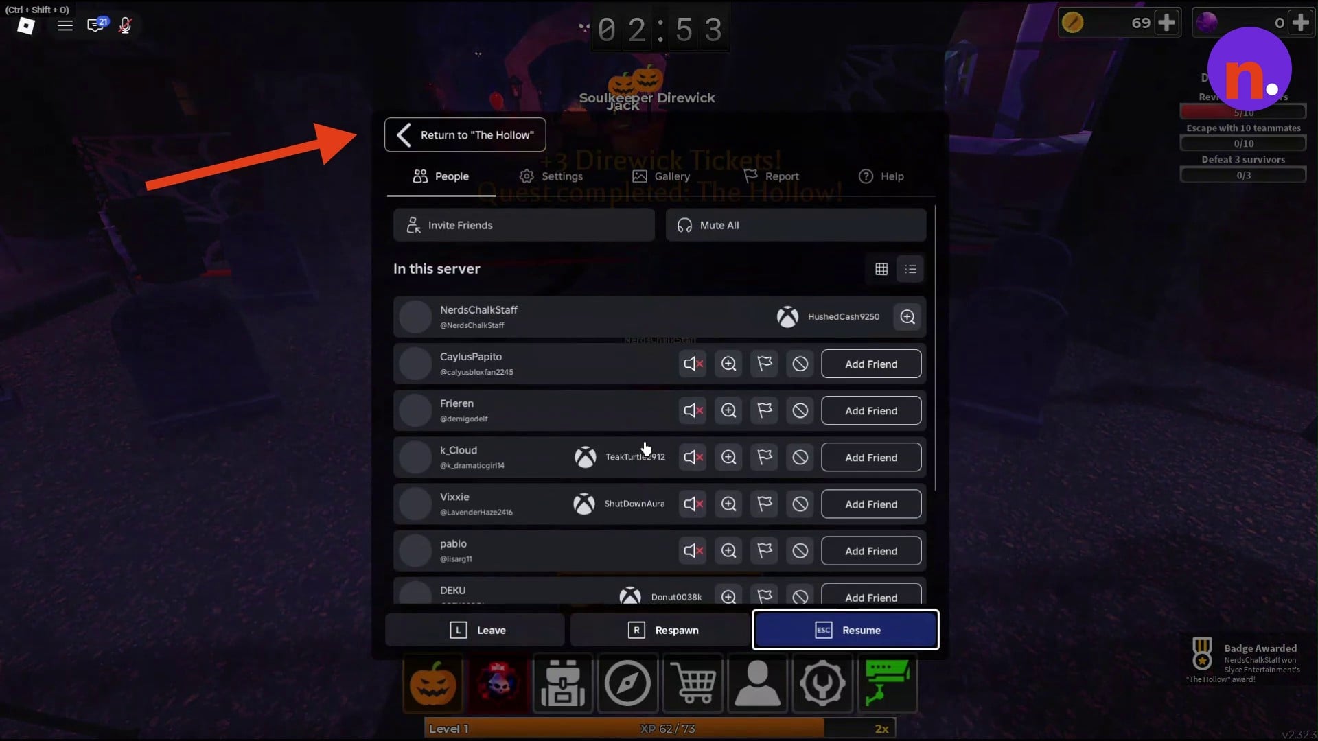Use Return to The Hollow in Roblox's escape menu.