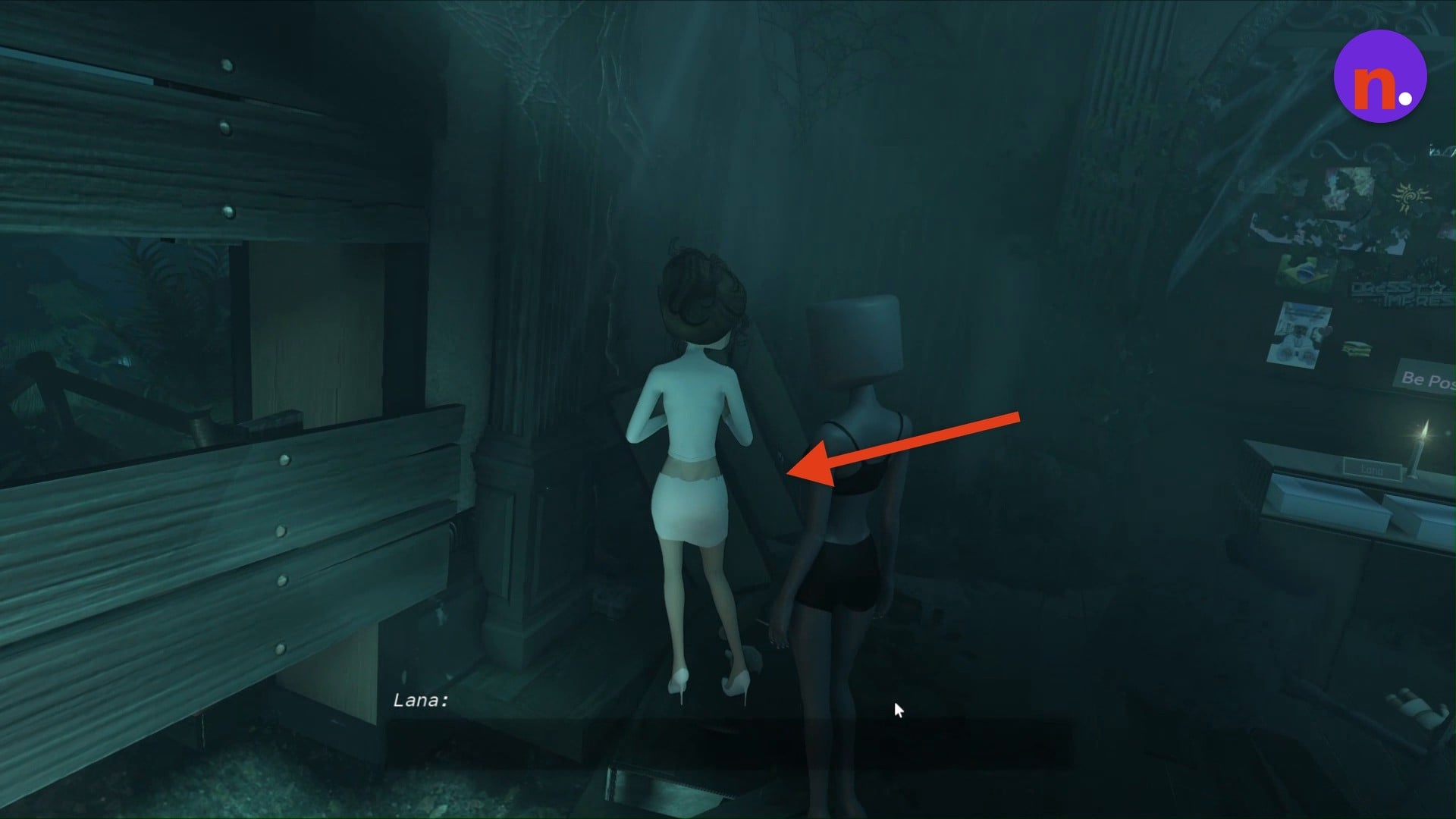 Find Lana beneath the arrow in the ruined chamber