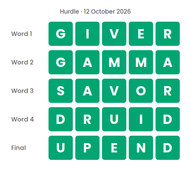 The five Hurdle answers for 12 October 2026, shown in five rows of green tiles: GIVER, GAMMA, SAVOR, DRUID and UPEND.