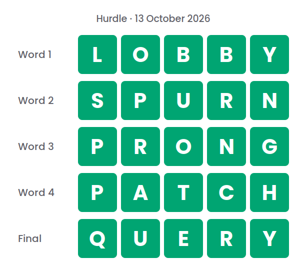 The five Hurdle answers for 13 October 2026, shown in five rows of green tiles: LOBBY, SPURN, PRONG, PATCH and QUERY.