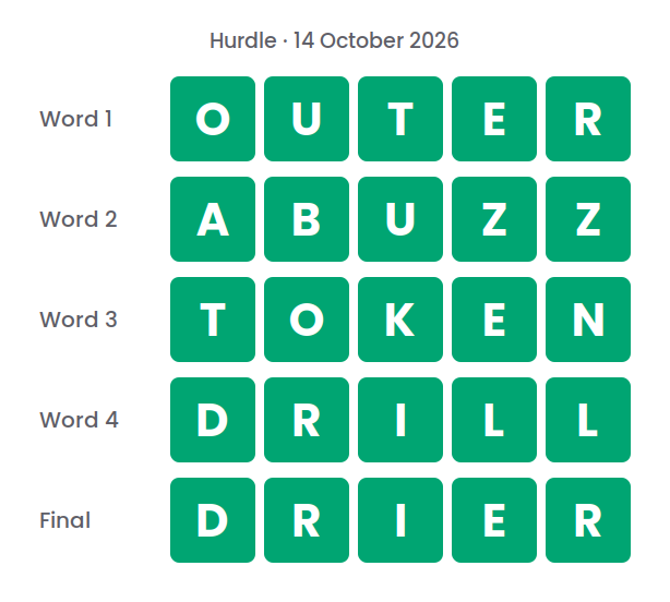 The five Hurdle answers for 14 October 2026, shown in five rows of green tiles: OUTER, ABUZZ, TOKEN, DRILL and DRIER.