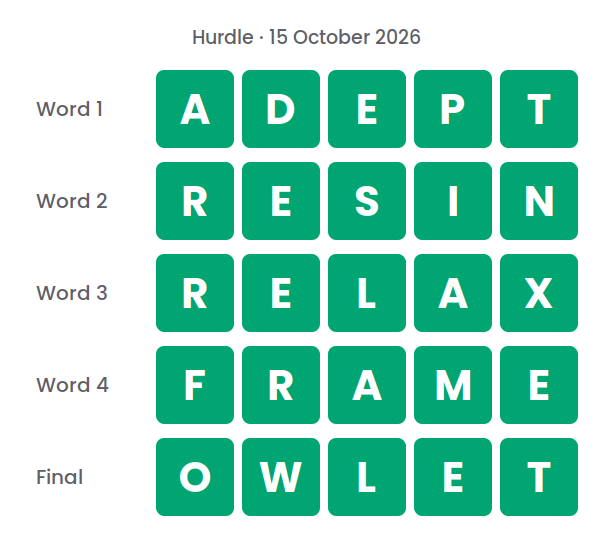 The five Hurdle answers for 15 October 2026, shown in five rows of green tiles: ADEPT, RESIN, RELAX, FRAME and OWLET.