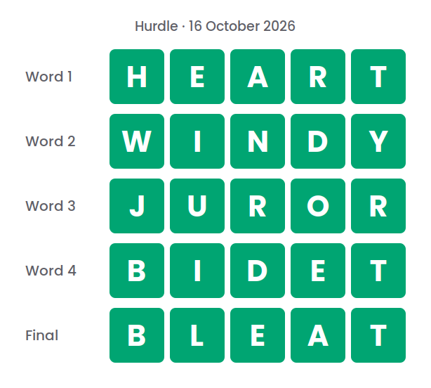 The five Hurdle answers for 16 October 2026, shown in five rows of green tiles: HEART, WINDY, JUROR, BIDET and BLEAT.