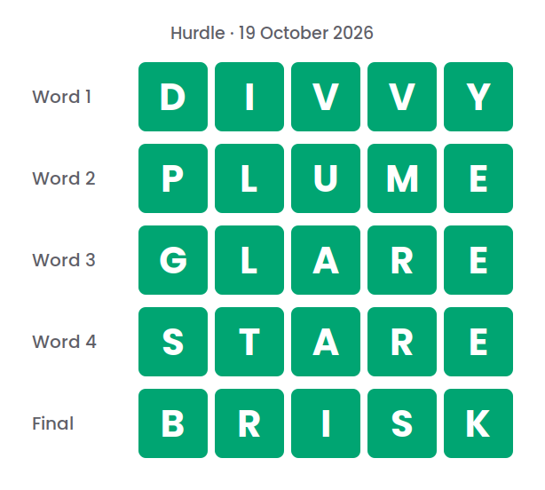 The five Hurdle answers for 19 October 2026, shown in five rows of green tiles: DIVVY, PLUME, GLARE, STARE and BRISK.