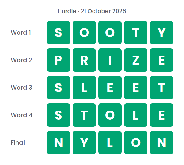 The five Hurdle answers for 21 October 2026, shown in five rows of green tiles: SOOTY, PRIZE, SLEET, STOLE and NYLON.