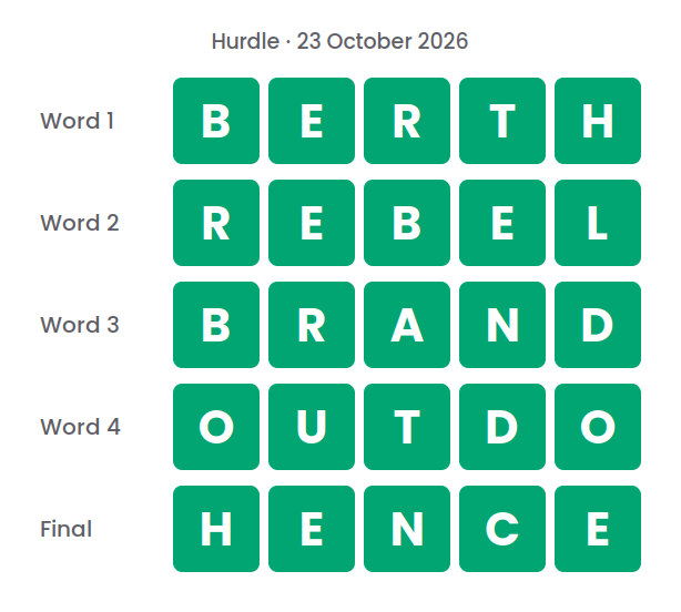 The five Hurdle answers for 23 October 2026, shown in five rows of green tiles: BERTH, REBEL, BRAND, OUTDO and HENCE.