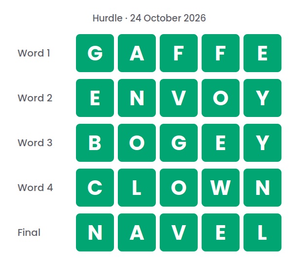 The five Hurdle answers for 24 October 2026, shown in five rows of green tiles: GAFFE, ENVOY, BOGEY, CLOWN and NAVEL.
