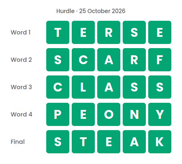 The five Hurdle answers for 25 October 2026, shown in five rows of green tiles: TERSE, SCARF, CLASS, PEONY and STEAK.