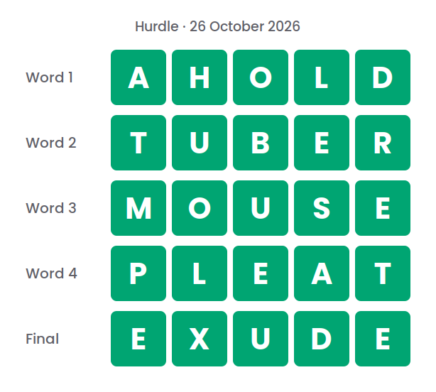 The five Hurdle answers for 26 October 2026, shown in five rows of green tiles: AHOLD, TUBER, MOUSE, PLEAT and EXUDE.