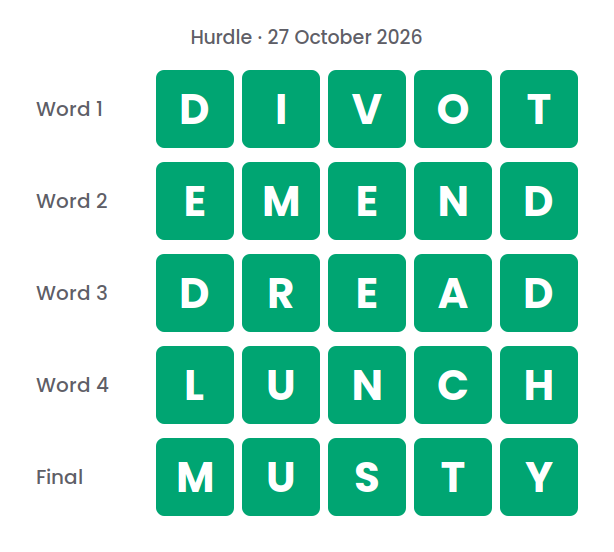 The five Hurdle answers for 27 October 2026, shown in five rows of green tiles: DIVOT, EMEND, DREAD, LUNCH and MUSTY.