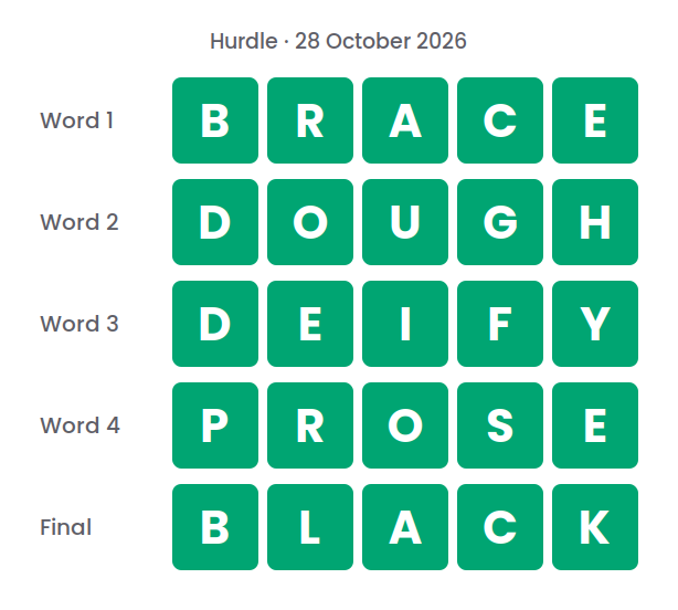 The five Hurdle answers for 28 October 2026, shown in five rows of green tiles: BRACE, DOUGH, DEIFY, PROSE and BLACK.