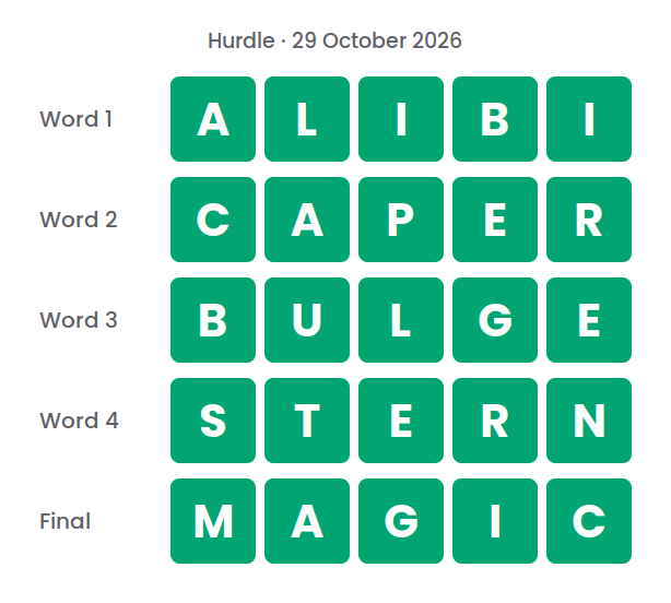 The five Hurdle answers for 29 October 2026, shown in five rows of green tiles: ALIBI, CAPER, BULGE, STERN and MAGIC.