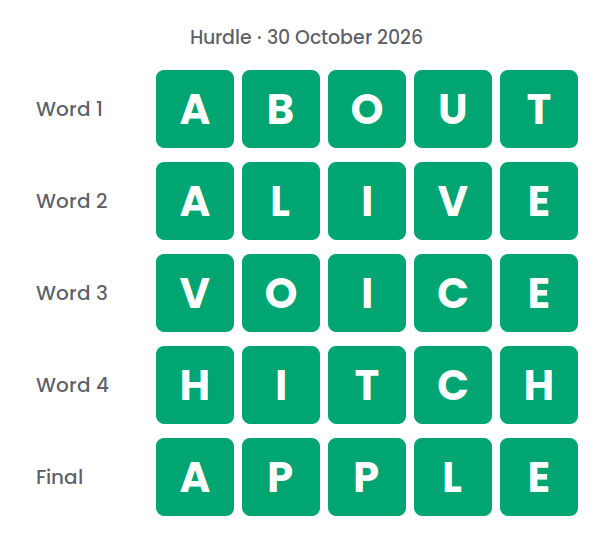 The five Hurdle answers for 30 October 2026, shown in five rows of green tiles: ABOUT, ALIVE, VOICE, HITCH and APPLE.