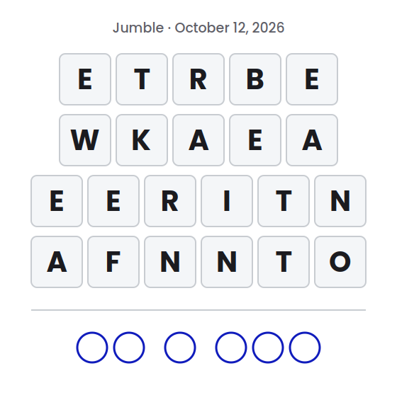 Jumble puzzle for October 12, 2026 with letter tile rows showing ETRBE, WKAEA, EERITN and AFNNTO and empty circles for the final answer.