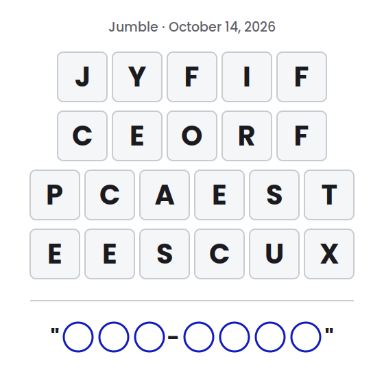 Jumble puzzle for October 14, 2026 with letter tile rows showing JYFIF, CEORF, PCAEST and EESCUX and empty circles for the final answer.