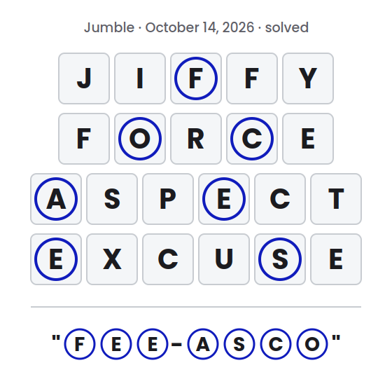 Solved Jumble puzzle for October 14, 2026 showing the answer words JIFFY, FORCE, ASPECT and EXCUSE with their circled letters marked and the final answer "FEE-ASCO".