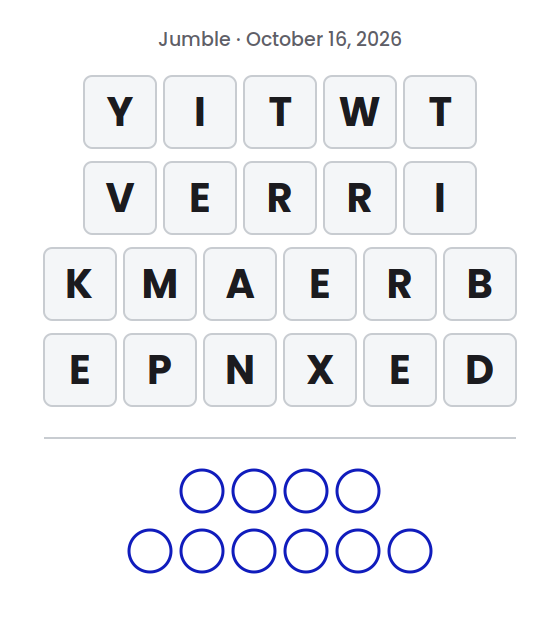 Jumble puzzle for October 16, 2026 with letter tile rows showing YITWT, VERRI, KMAERB and EPNXED and empty circles for the final answer.