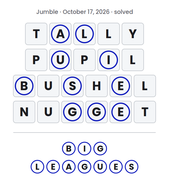 Solved Jumble puzzle for October 17, 2026 showing the answer words TALLY, PUPIL, BUSHEL and NUGGET with their circled letters marked and the final answer BIG LEAGUES.