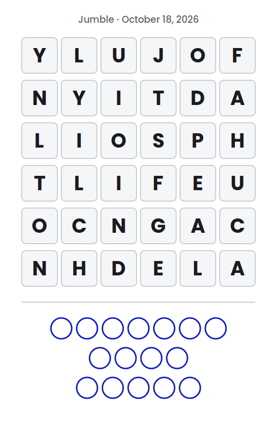 Jumble puzzle for October 18, 2026 with letter tile rows showing YLUJOF, NYITDA, LIOSPH, TLIFEU, OCNGAC and NHDELA and empty circles for the final answer.
