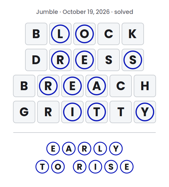 Solved Jumble puzzle for October 19, 2026 showing the answer words BLOCK, DRESS, BREACH and GRITTY with their circled letters marked and the final answer EARLY TO RISE.