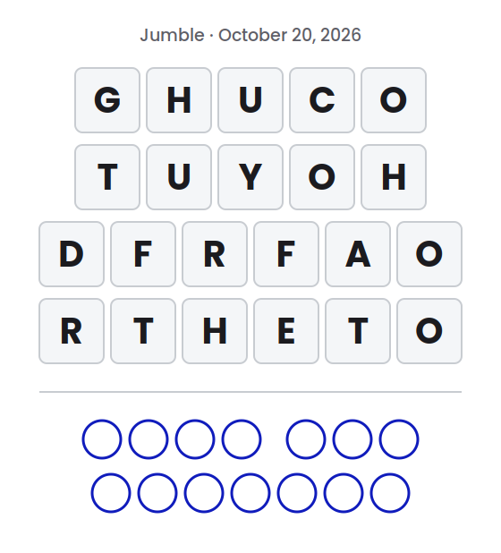 Jumble puzzle for October 20, 2026 with letter tile rows showing GHUCO, TUYOH, DFRFAO and RTHETO and empty circles for the final answer.
