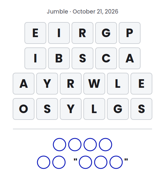 Jumble puzzle for October 21, 2026 with letter tile rows showing EIRGP, IBSCA, AYRWLE and OSYLGS and empty circles for the final answer.